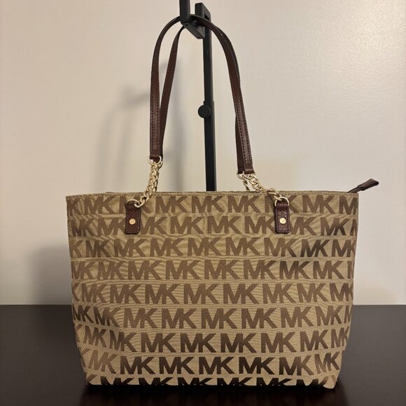Michael Kors Jet Set Signature Tan Brown Gold Chain Handle Tote Bag - Picture 3 of 14